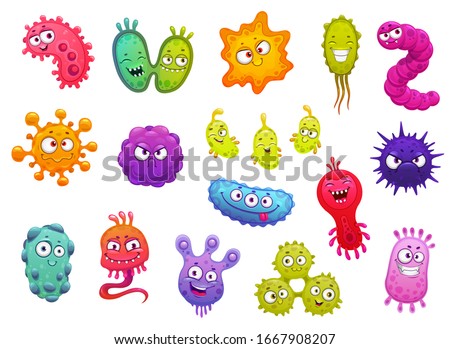 Bacteria, microbes, cute germs and viruses isolated cartoon vector characters with funny faces. Smiling pathogen microbes, bacteries and coronavirus with big eyes, cells with teeth and tongues