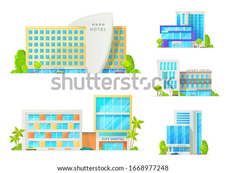 Hotel and motel buildings architecture isolated icons. Luxury apart hotel, city hostel apartments, resort with glass facade, parked cars and palm trees. Cartoon vector hotel buildings