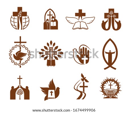 Christian religion vector icons with crosses, Jesus and bibles, doves, priest and prayers, angel, praying hand and crucifix, fish, crown of thorns and trees. Catholicism, orthodox christianity themes Photo stock © 