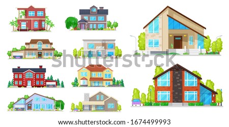 House building vector icons. Village home, cottage and villa, mansion, bungalow and townhouse, architecture and real estate industry. Exterior of buildings with windows, roofs, doors and garages