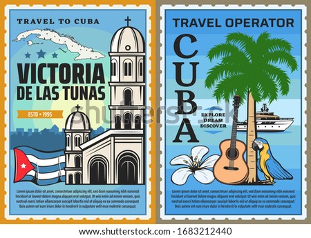 Cuba travel and tourism vector design of Cuban map, flag and island beach with Caribbean royal palm tree, guitar and parrot, mariposa flower, cruise ship, Roman Catholic church. Travel agency posters