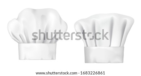 Chef hats, realistic 3d cook cap and baker toque. White chef hats vector design of bakery, pastry and restaurant uniform headwear, professional clothing of kitchen staff