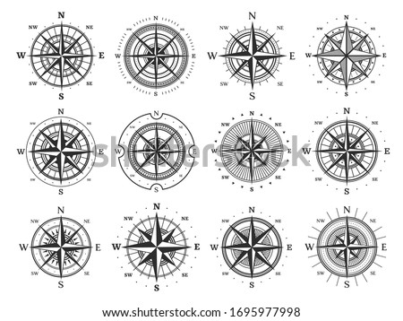 Nautical compass wind rose vector icons. Isolated vintage symbols of marine maps and antique cartography, navigation compass rose or windrose with cardinal directions of North, East, South and West