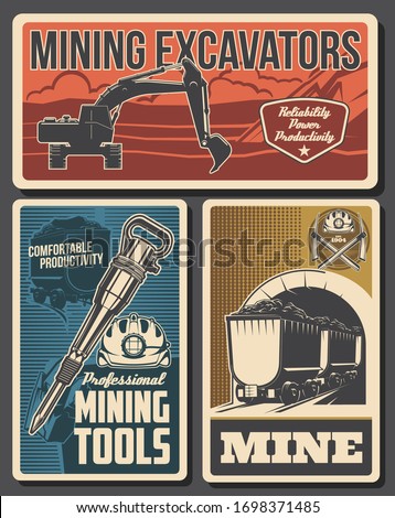 Mine industry vector design of coal mining equipment and miner tools. Hard hat, pickaxes, excavator and pneumatic coal hammer, helmet, headlamp, mine trolley with black mineral rocks or iron stones