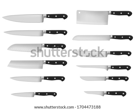 Kitchen knife types, vector realistic 3D isolated kitchenware mockup. Meat cutting hatchet, cleaver and butcher, axe and peeling knife of stainless steel with black handle, bread and barbecue knives