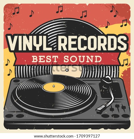 Vinyl records and music player, disco party vector design. Vinyl records or LP discs with musical notes and DJ turntable retro poster of dance club invitation, entertainment themes