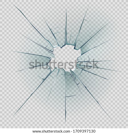 Broken, cracked or crashed glass vector design with realistic hole, shatters and cracks, sharp edges and fragments on transparent background. Damaged glass of window or door pane and windscreen