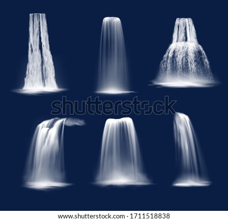 Waterfalls and water fall cascades realistic vector design of mountain river streams falling down with splashes, fog or mist and drops. Ledge, plunge and horsetail waterfalls on blue background