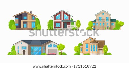 Houses and residential buildings, real estate vector icons. Family house and mansions, duplex apartments and townhouse villas, city private property and town architecture