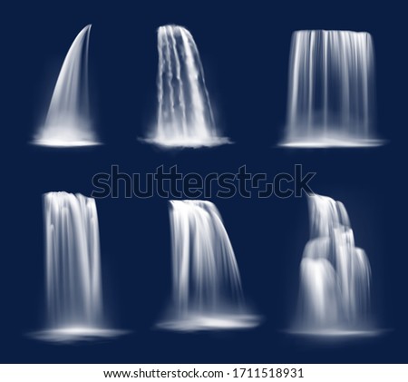 Waterfall cascade, realistic water fall streams, isolated vector pure liquid with fog. River, fountain elements of different shapes for natural design. Falling waterfall cascade, streaming water jets 