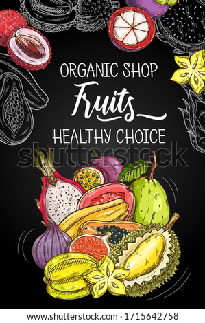 Tropical fruits farm market and orgnaic food shop, vector poster. Natural healthy exotic durian, figs and carambola starfruit, guava, pithaya dragonfruit and mangosteen, lichee and passion fruit