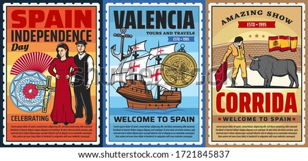 Spanish culture flamenco dance and corrida bulls show, ceramics and marine museum, national costumes. Barcelona and Madrid, Valencia tours vector posters. Spain history, travel landmarks, folk culture