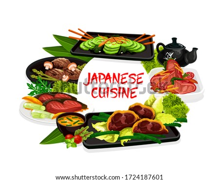 Japanese cuisine traditional food, Japan meal menu, vector seafood and noodles. Japanese kakitama egg jira soup, roast beef and marinated pork with sesame and ginger, stewed bass and curie no sumono