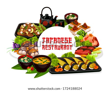 Japanese traditional cuisine dishes and food meals. Vector Japanese nigiri sushi, meat and tofu steak with kakitama egg jira soup, fried pacific salmon with soy sauce and wakame udon noodles