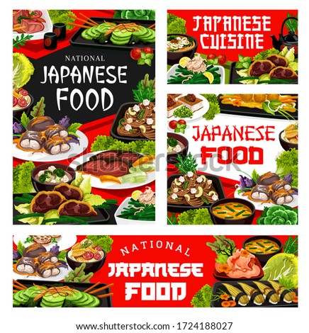 Japanese cuisine pickled ginger with otsu salad, tofu soup, wakame udon noodles, seafood shrimp balls, horenzo no ochitasi. Japanese national restaurant menu vector covers and banners