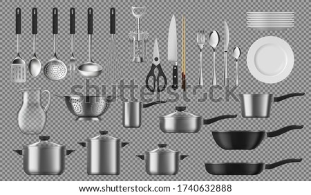 Kitchenware and tableware, dishware and crockery vector cooking set. Isolated tableware plates, cookware pots, ladle and skimmer, silver fork and spoon. Corkscrew, colander and pitcher, saucepans