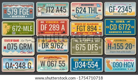 Abstract vehicle registration plates. Vector number plates of California, Alabama or Virginia and Hawaii, Montana or Illinois and US Georgia or Delaware, Idaho and Michigan. Abstract numbers