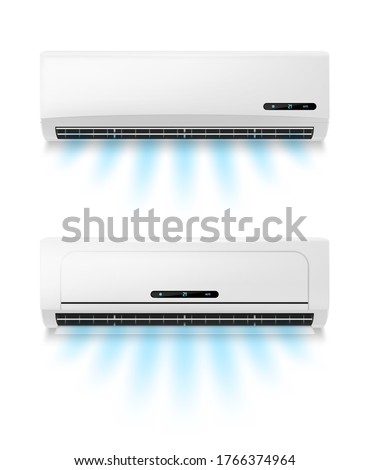 Conditioners, realistic air conditioning eqipment vector mockup. Working and blowing out cold, fresh flows through vents, cooling room air conditioner unit. AC installing, maintenance service