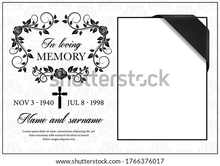 Funeral card vector template, vintage condolence flower ornament with cross, place for photo with black ribbon in corner, name, birth and death dates. Obituary memorial, gravestone funeral card Stock foto © 