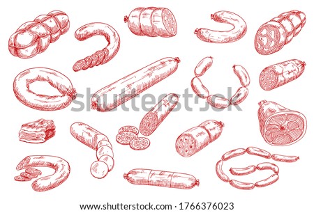 Sausages and meat products vector sketch set. Sliced salami, chorizo and pepperoni, bacon piece, hamon and mortadella, bratwurst or frankfurter sausages. Meat market, butchery, butcher shop products