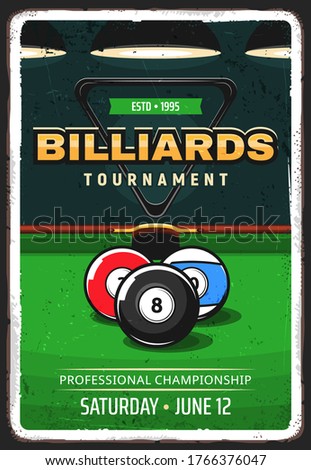 Billiard pool tournament retro vector poster. Balls for English and American billiard in front of pocket on table with green cloth. Pool championship, cue sports competition vector flyer or banner