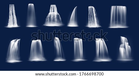 Waterfalls realistic vector of mountain river falls and cascades. Flowing streams and rapids falling in streambeds, dropping and sliding along cliff slope with cascade splashes and drops