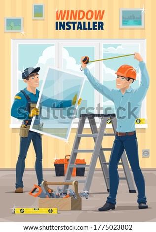 Window installer workers, house construction and carpenter service, vector. Plastic window glass installation, home remodeling, repair and renovation carpentry work tools, level and measuring tape