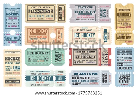 Ice hockey sport game retro tickets, hockey tournament championship and match admits. Ice hockey match cup and championship game vector tickets for game with seat, row and dates, perforated admits