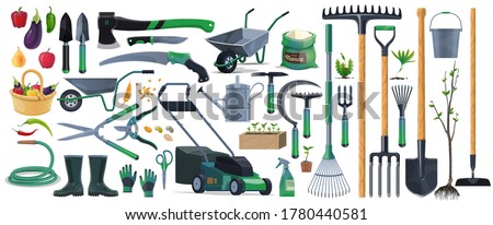 Garden tools and equipment cartoon set of vector agriculture, farming and gardening design. Spade, rake, shovel and pitchfork, trowel, watering hose and can, grass mower, wheelbarrow and pruners