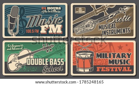 Music instruments posters, concert live festival, vector FM radio podcast microphone. Orchestra symphonic musical school, military music concert, Asian Oriental exotic folk music instruments museum