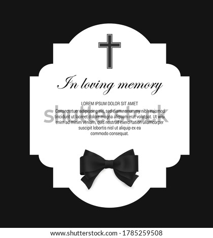 Funeral card, condolence obituary message with RIP black ribbon, vector template. In loving memory, death mourning card with Christian cross in black background, RIP memorial condolence sympathy