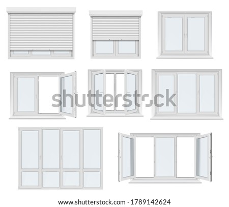 Plastic window and door with roller shutter isolated vector mockup. Realistic white windows and doors with metal rolling blinds, glass panels and PVC frame profiles, 3d design of architecture elements