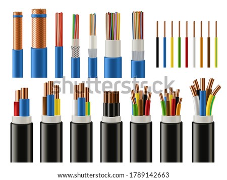 Cables and wires realistic vector of electrical power, network, television and telephone. Energy cables with insulated copper conductors, twisted pairs, multicore coaxial and fiber optic wires Сток-фото © 