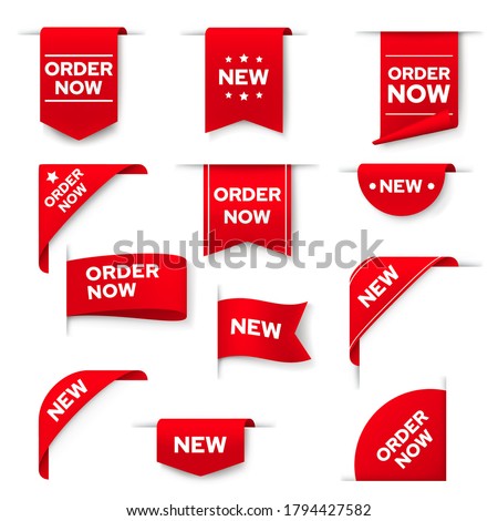 Order now red vector banners, ribbons, web design elements, bookmarks. Realistic corners, isolated 3d icons or labels. Discount silk scarlet promotional event shopping flags, tags and new order badges