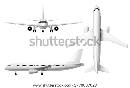 Plane or airplane, realistic aircraft or passenger aeroplane, vector 3D model isolated mockup. White blank airplane in flight, front, top and side view, airline jet with engines, civil aviation