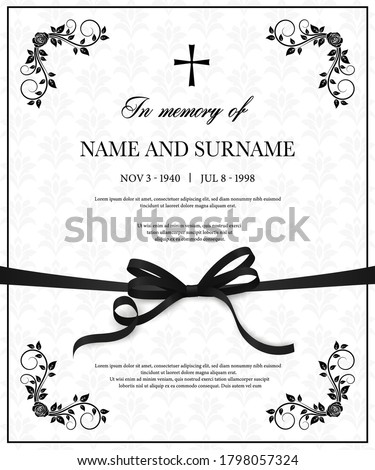 Funeral card vector template, condolence flower ornament with cross, name, birth and death dates. Obituary memorial, gravestone engraving with fleur de lis symbols in corners, vintage funeral card