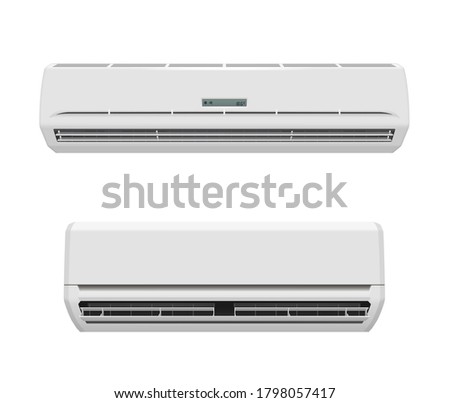 Air conditioners with cold or hot wind realistic vector mockup. Indoor units of conditioning split system or climate control 3d objects with horizontal louvers and display panel, household appliances