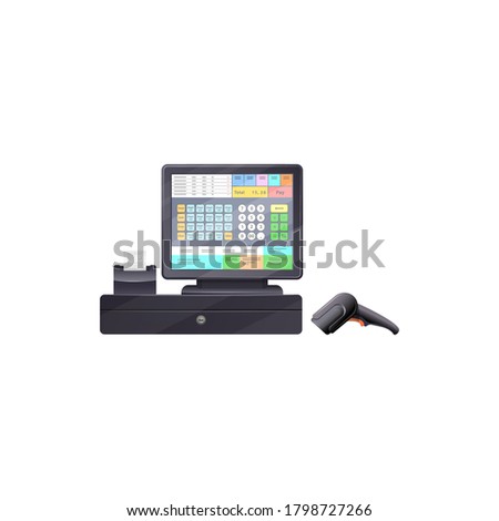 Touchscreen cash register with bar code reader, printing checks terminal isolated modern cash desk. Vector electronic till device, registering and calculating transactions at point of sale