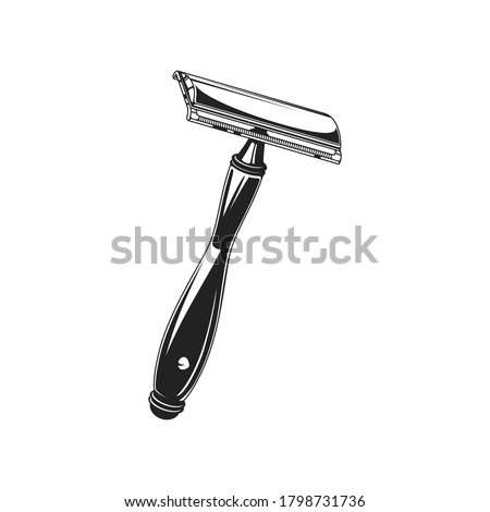 Chrome double-edge safety shaving razor isolated monochrome icon. Vector vintage razor blade holder with metal handle. Old-fashioned shaver from stainless steel, retro barbershop or barber tool