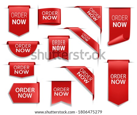 Order now red banners, realistic vector ribbons, web design elements. Corners, flags or isolated bookmarks. 3d icons or labels, discount silk promo event banners, shopping order tags and badges set
