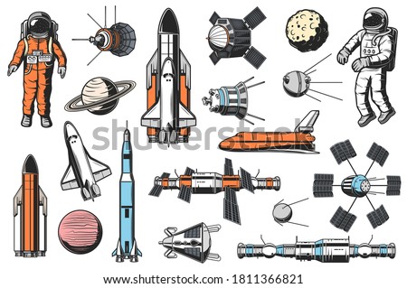 Space and astronomy icons vector set. Astronaut in spacesuit, space shuttle carrier and orbiter, artificial satellites and spaceships, orbital space station and solar system planet retro illustrations