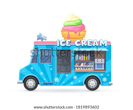 Ice cream food truck, isolated vector van, cartoon car for street food icecream desserts selling. Automobile cafe or restaurant on wheels with ice cream assortment, loudspeaker on rood and chalkboard