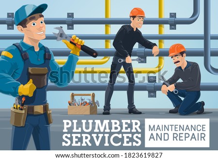 Plumber service maintenance and repair works. Plumbers team tightening nuts with wrench, workers installing water supply pipelines, handyman with adjustable spanner repairing water leakage vector