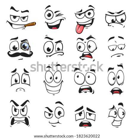 Face expression isolated vector icons, funny cartoon emoji smoking cigar, wink and sad, smiling, scared and wear monocle eyeglass with mustache. Cheerful, angry and show tongue face expressions set