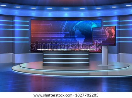 Studio interior for news broadcasting, vector empty placement with anchorman table on pedestal, digital screens for video presentation and neon glowing illumination. Realistic 3d breaking news studio