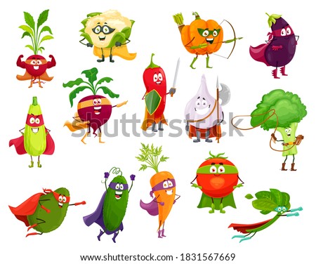 Vegetables super heroes, vector broccoli, squash and avocado, cauliflower and beetroot. Eggplant, chili pepper and pumpkin, spinach, carrot and tomato with cucumber, garlic and radish cartoon veggies