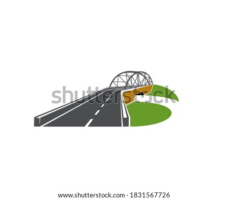 Speedway road with bridge overpass icon. Modern driveway, highway or freeway with level junction and arch bridge vector. Transportation emblem and road touristic trip design element