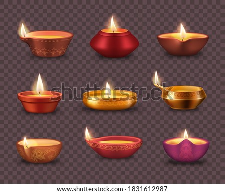 Diwali diya lamps on transparent background realistic vector set of Deepavali or Divali light festival. Indian Hindu religion oil lamps or lanterns with burning candle wicks and rangoli decoration