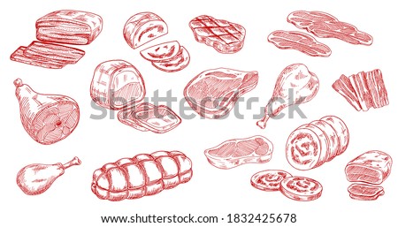 Pork sausage, veal beef and lamb steak sketches. Bacon, ham and jamon leg, meat roll, chicken or turkey legs, sirloin, brisket and mortadella engraved vectors set. Raw and processed meat products