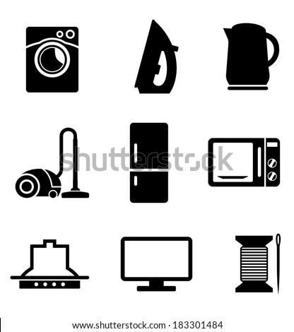 Set of black and white kitchen and home appliances  icons logo including a vacuum cleaner, kettle, iron, fridge, microwave oven needle and cotton, television and washing machine